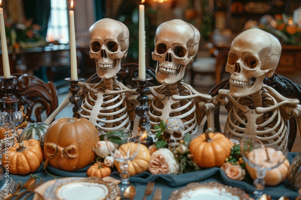 Two skeletons in formal attire seated amongst a rich display of autumnal themed table decor and pumpkins
