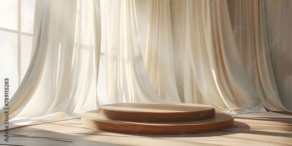 Round Wooden Podium with Flowing White Drapes Illuminated by Sunlight Creating a Dreamy Scene for Fashion and Beauty Showcases
