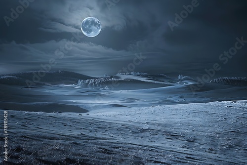 : A moonlit landscape, with a silvery glow casting long shadows
