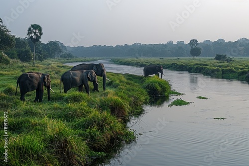 Elephants roaming free in their natural habitat  grazing by the river bank with a picturesque wild landscape in the background