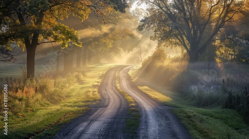 A road with trees in the background and the sun shining on it. The road is empty and peaceful