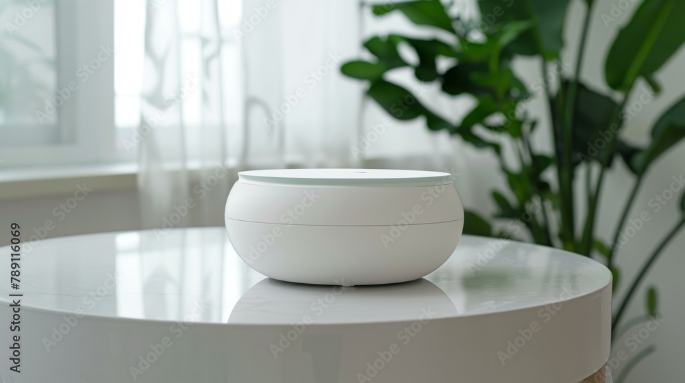 Smart home device on a round table in a bright room with lush green plants
