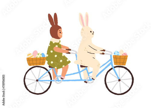 Easter bunny and kid with ears cycling on tandem bicycle, baskets with eggs. Cute rabbit and child in fairytale ride. Funny hare, girl characters. Flat vector illustration isolated on white background