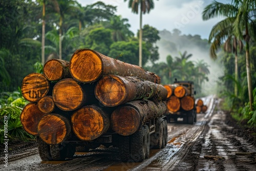 Close up on the rugged texture of cut timber logs loaded on the back of a transport truck in a tropical, humid landscape