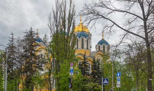 View of Vladimir Cathedral surrounded by spring trees