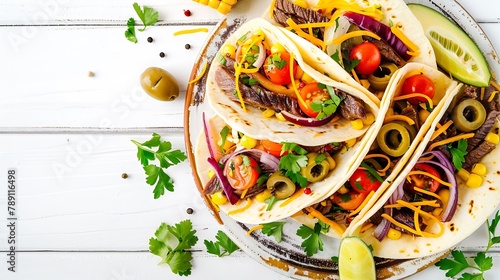 Grilled Steak Tacos with olives tomatoes red onion avocado cilantro corn shredded cheddar cheese and thousand island sauce on platter on white wood tabe flat lay free space : Generative AI