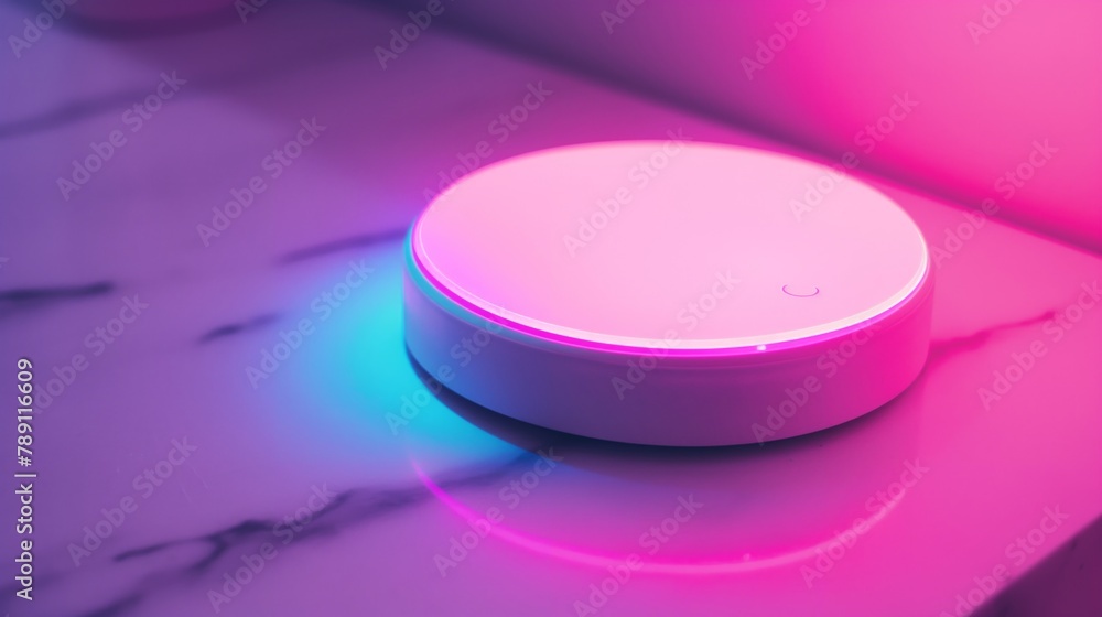 Smart home device bathed in vibrant pink neon light, creating a futuristic ambiance Smart home device bathed in vibrant pink neon light, creating a futuristic ambiance
