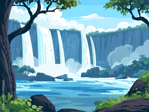 background, The Victoria Falls in Zambia/Zimbabwe., very simple and isolate in the style of animated illustrations, background, text-based