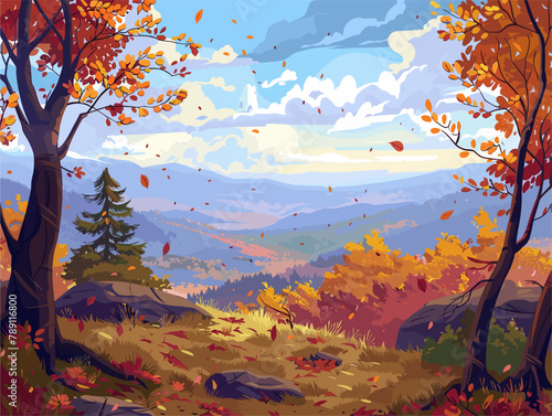 wither background, A scenic overlook with panoramic views of the autumn landscape, in the style of animated illustrations, wither background, text-based

