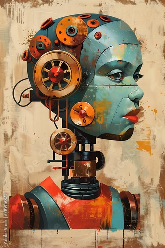 The Head of a Retro robot, Oil painting, graffiti on the wall