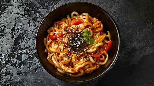 Udon stirfry noodles with chicken meat and sesame in bowl on dark stone background copy space : Generative AI
