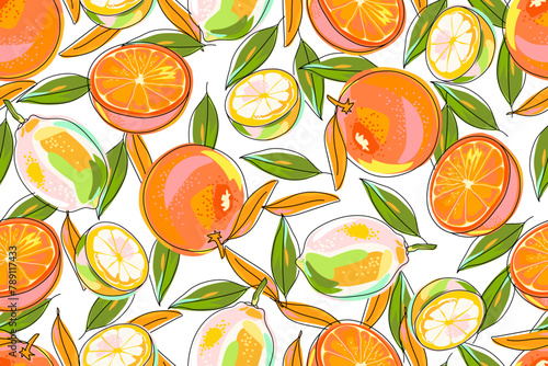 Seamless pattern with lemons, oranges and leaves on a white background. Modern pattern with colorful fruits. Hand drawn, cartoon style. Vector illustration.