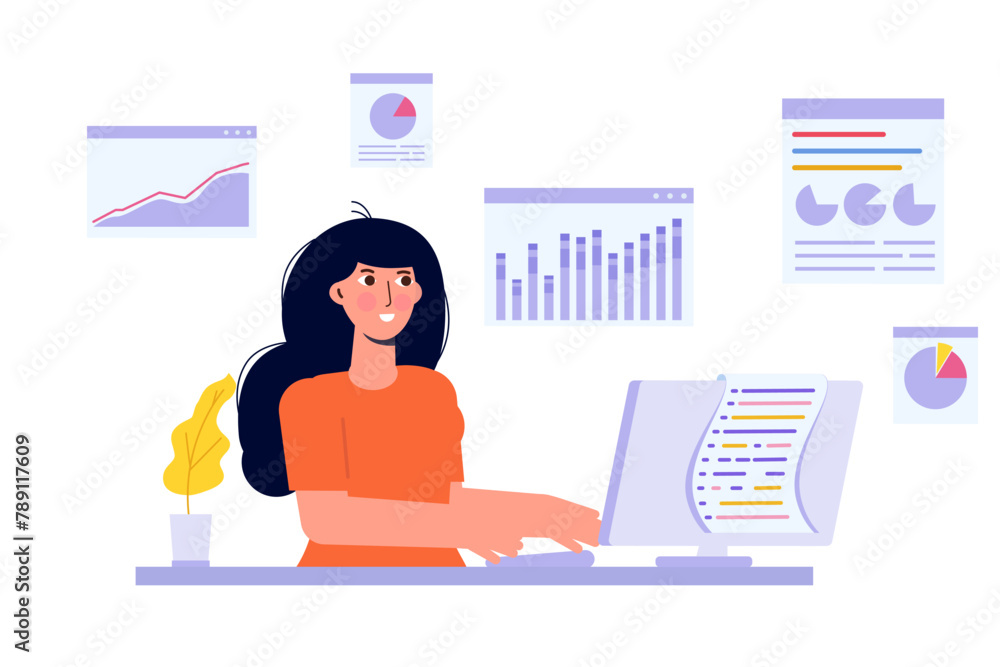 Data scientist concept. Business professional in a meeting discuss data analytics research and collaborate on a report, utilizing graphs and a dashboard on a monitor. Vector illustration.