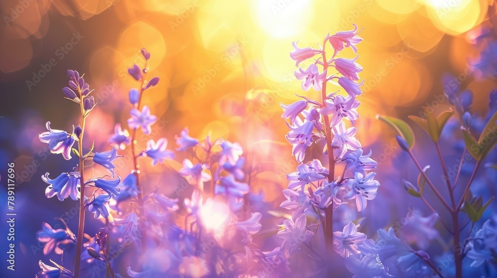 Vibrant Bluebells Aglow A Dense Cluster Basking in Ethereal Sunlight