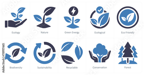 A set of 10 ecology icons as ecology, nature, green energy