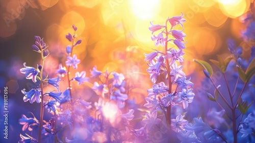 Vibrant Bluebells Aglow A Dense Cluster Basking in Ethereal Sunlight photo