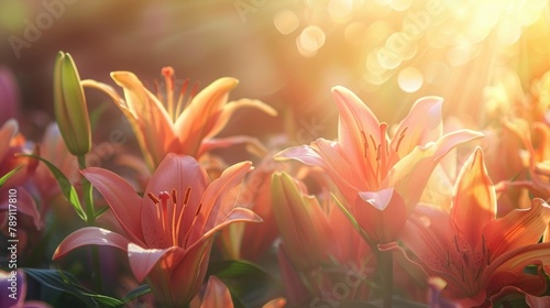 Vibrant Cluster of Lilies Basking in Ethereal Sunlight Glow