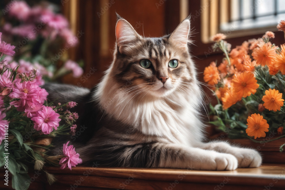 A painting of a cat surrounded by flowers, cat portrait painting. A painting of a cat surrounded by flowers, cat portrait painting.