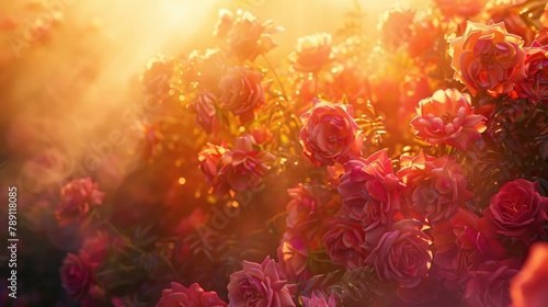 Vibrant Roses Glowing in Ethereal Sunlight - Captivating Close-up Shot of a Radiant Rose Cluster photo