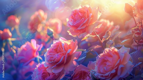 Vibrant Roses Glowing in Ethereal Sunlight A Captivating Macro Shot #789118096