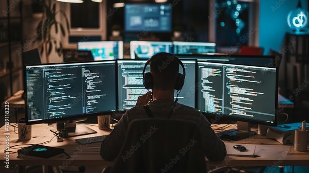 Dedicated web developer engrossed in programming on multiple monitors amidst high-tech office environment Dedicated web developer engrossed in programming on multiple monitors amidst high-tech office environment
