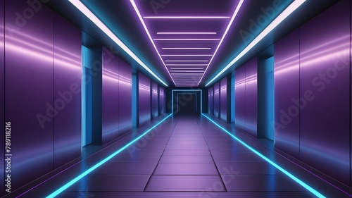 illustration of abstract background of futuristic corridor with purple and blue neon lights 