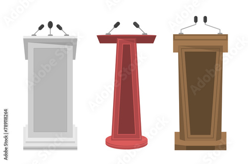 Принти на полотні PNG, Collection of realistic 3d pedestal, wooden tribune and podium with microphone for speech