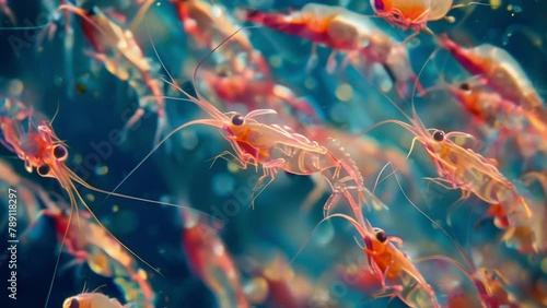 A microscopic view of a krill swarm with their delicate and transparent bodies appearing like graceful dancers in a sea of phytoplankton. . AI generation.