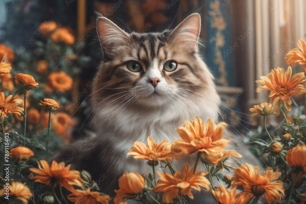 Obraz premium A painting of a cat surrounded by flowers, cat portrait painting.