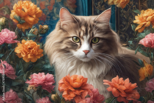 A painting of a cat surrounded by flowers, cat portrait painting.