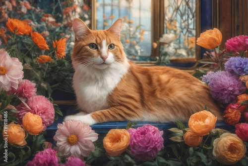 A painting of a cat surrounded by flowers, cat portrait painting.
