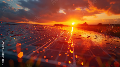 Solar panel closeup with water drops at sunset