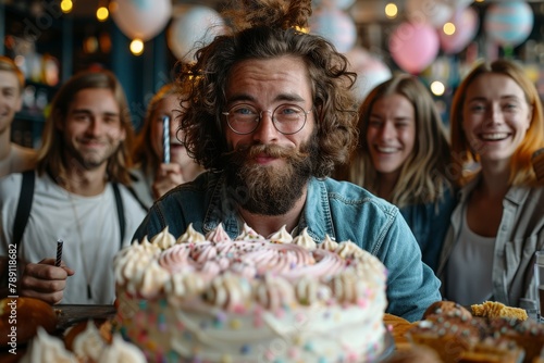 Man with large beard looking delighted holding a colorful cake surrounded by cheerful friends photo