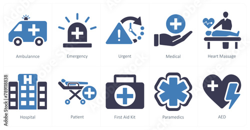 A set of 10 emergency icons as ambulance, emergency, urgent