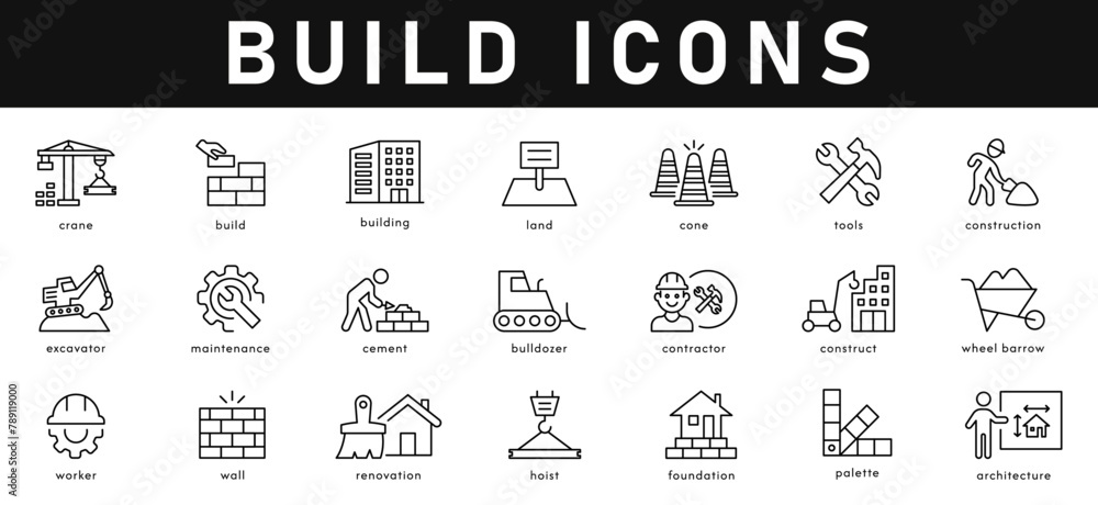 Build Icons vector illustration with thin line editable stroke containing, crane, construction, building, land, tools, maintenance, architecture, wall, worker, renovation, palette, cement, bulldozer Build Icons vector illustration with thin line editable stroke containing, crane, construction, building, land, tools, maintenance, architecture, wall, worker, renovation, palette, cement, bulldozer