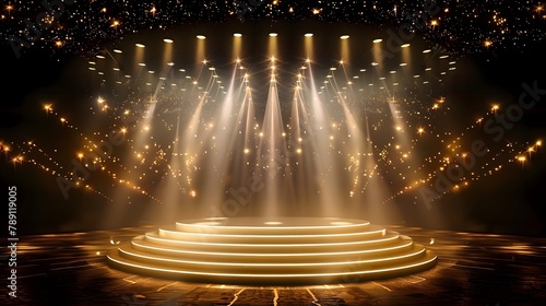 The golden stage is surrounded by lights, with light beams shining down on the center of the round podium. © horizor