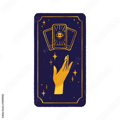 Esoteric tarot. Magic arcana of astrology. Spiritual gold eye, hand, stars on dark card back. Divination, fortune telling, clairvoyance concept. Flat isolated vector illustration on white background