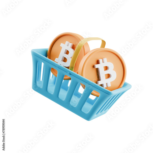 3d shopping supermarket basket icon with bitcoins inside (ID: 789119044)