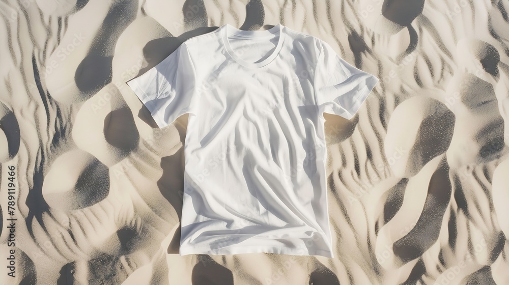 © Generative AI - Mockup white not wrinkled summer tshirt shopper copy space Sand beach texture background Blank template woman man shirt Top view Summertime accessories Flatlay closeup tshirt Beachtime : Generative AI