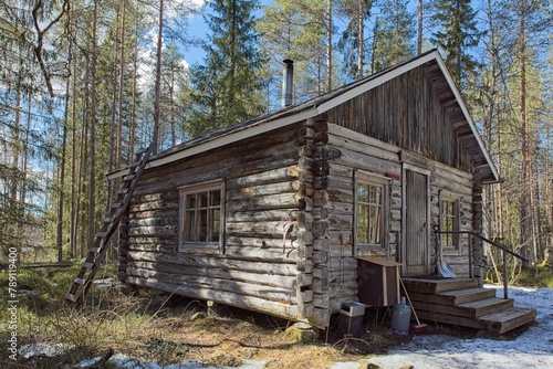 Foto Old log cabin in forest in spring with clouds in the sky.