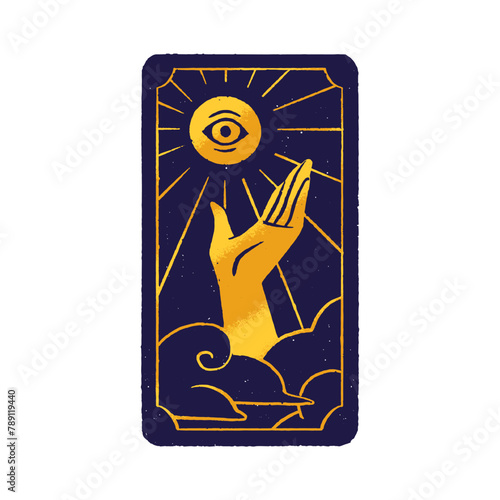 Tarot arcana with gold hand, esoteric eye in sun. Card with dark back and golden spiritual symbols for divination. Clairvoyance, astrology, fortune telling concept. Flat isolated vector illustration