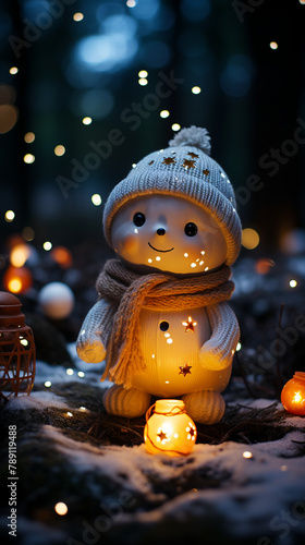 A snowman, night warm photo, snow landscape, happy expression сreated with Generative Ai