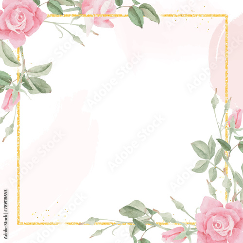 watercolor blooming pink rose flower bouquet wreath frame
