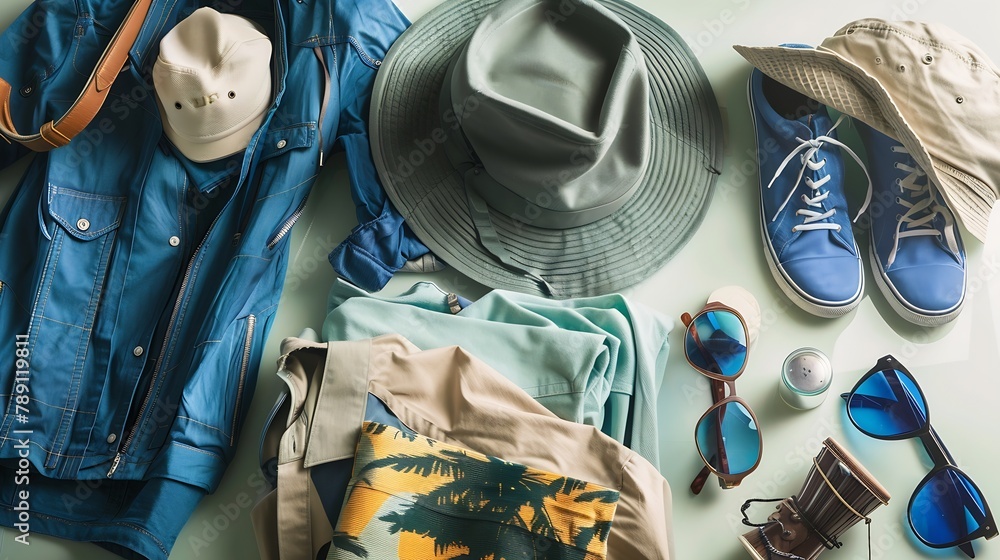 Overhead view of mens casual outfits Essential vacation items : Generative AI