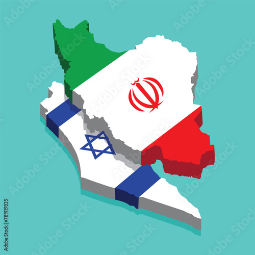 Iran and Israel map isolated with 3d flag. Iran VS Israel, Israel and Iran War concept. Two countries flag with each other. state flags of Islamic Republic of Iran and Israel. Iran Attack Israel