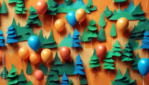 balloons mountains papercut art a orange illustration blue colorful paper has confetti trees background pine sky  3d wallpaper green balloon colourful col photo