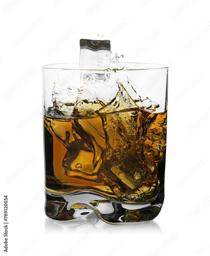 Whiskey splashing out of glass on white background - obrazy, fototapety, plakaty 