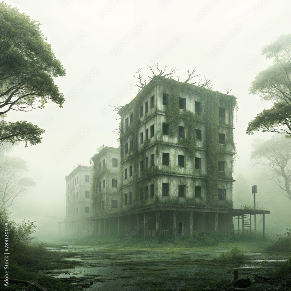 An abandoned industrial area with three old, run-down buildings. The buildings have been left to decay, and the surrounding environment appears to be foggy and misty.