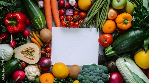 Creative layout made of various fruits and vegetables with white paper card Flat lay Food concept   Generative AI