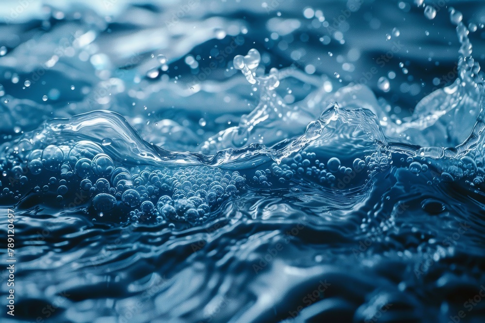 A dynamic and detailed close-up of sparkling water with ripples and a multitude of small bubbles A dynamic and detailed close-up of sparkling water with ripples and a multitude of small bubbles